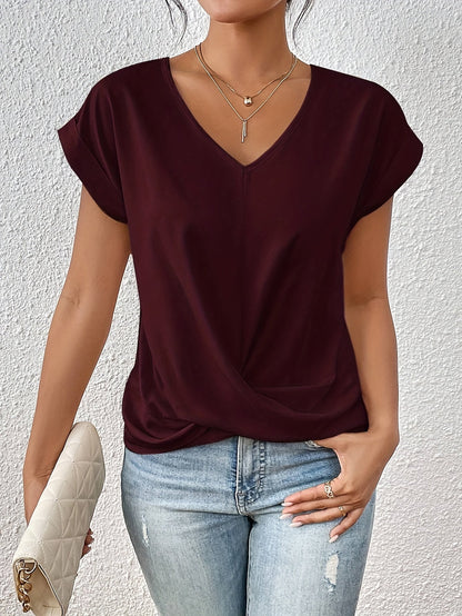 Women's Short-Sleeve Blouse with V-Neck and Crossed Pleat