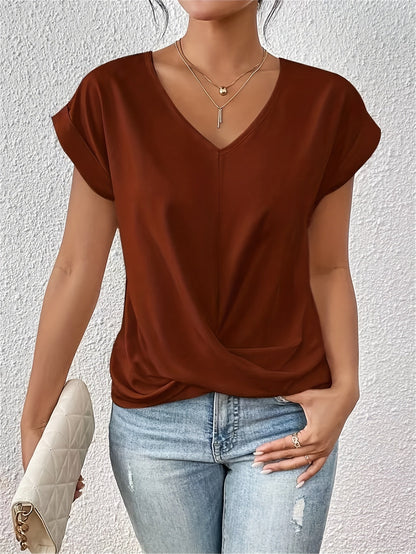 Women's Short-Sleeve Blouse with V-Neck and Crossed Pleat