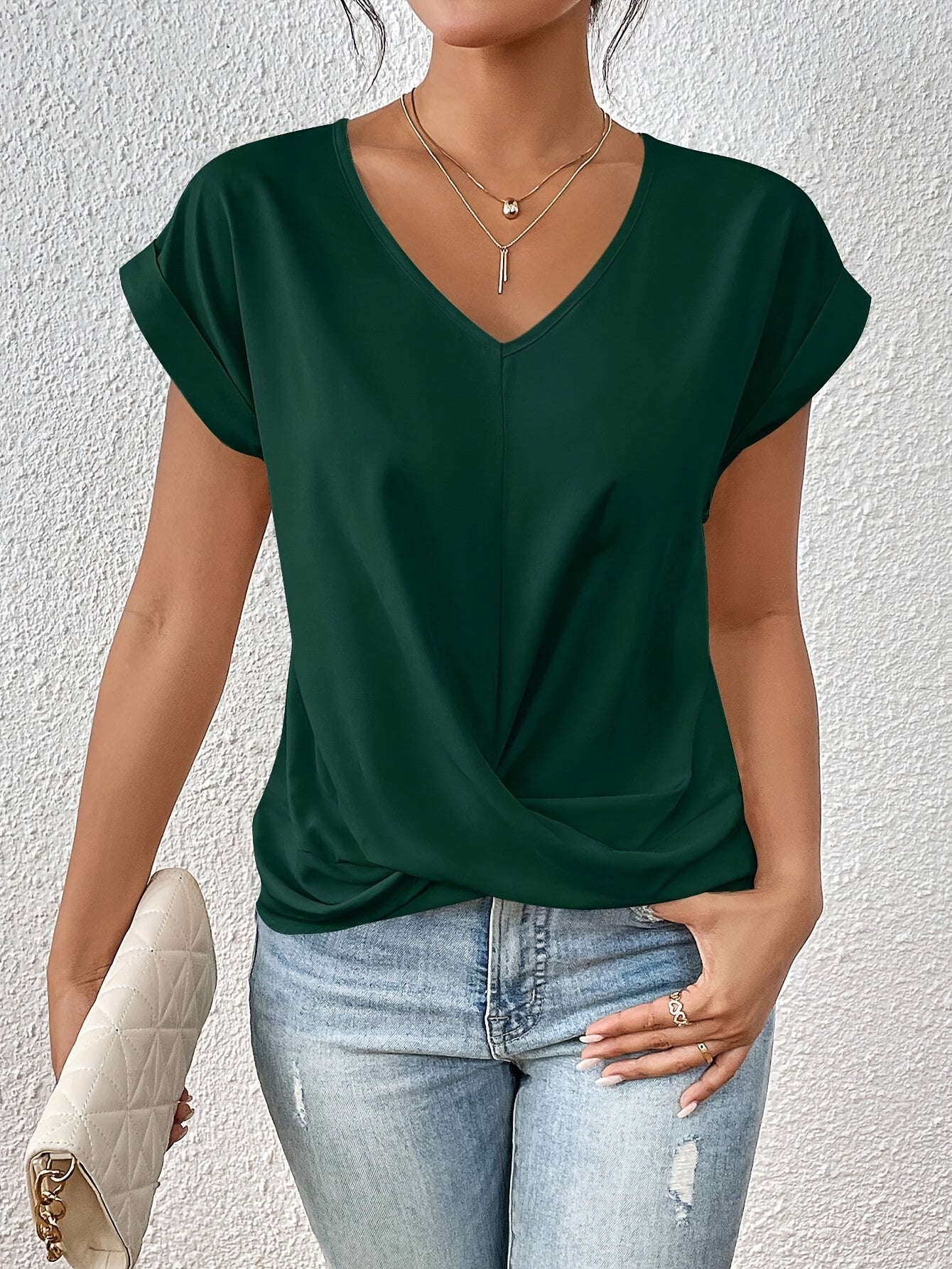 Women's Short-Sleeve Blouse with V-Neck and Crossed Pleat