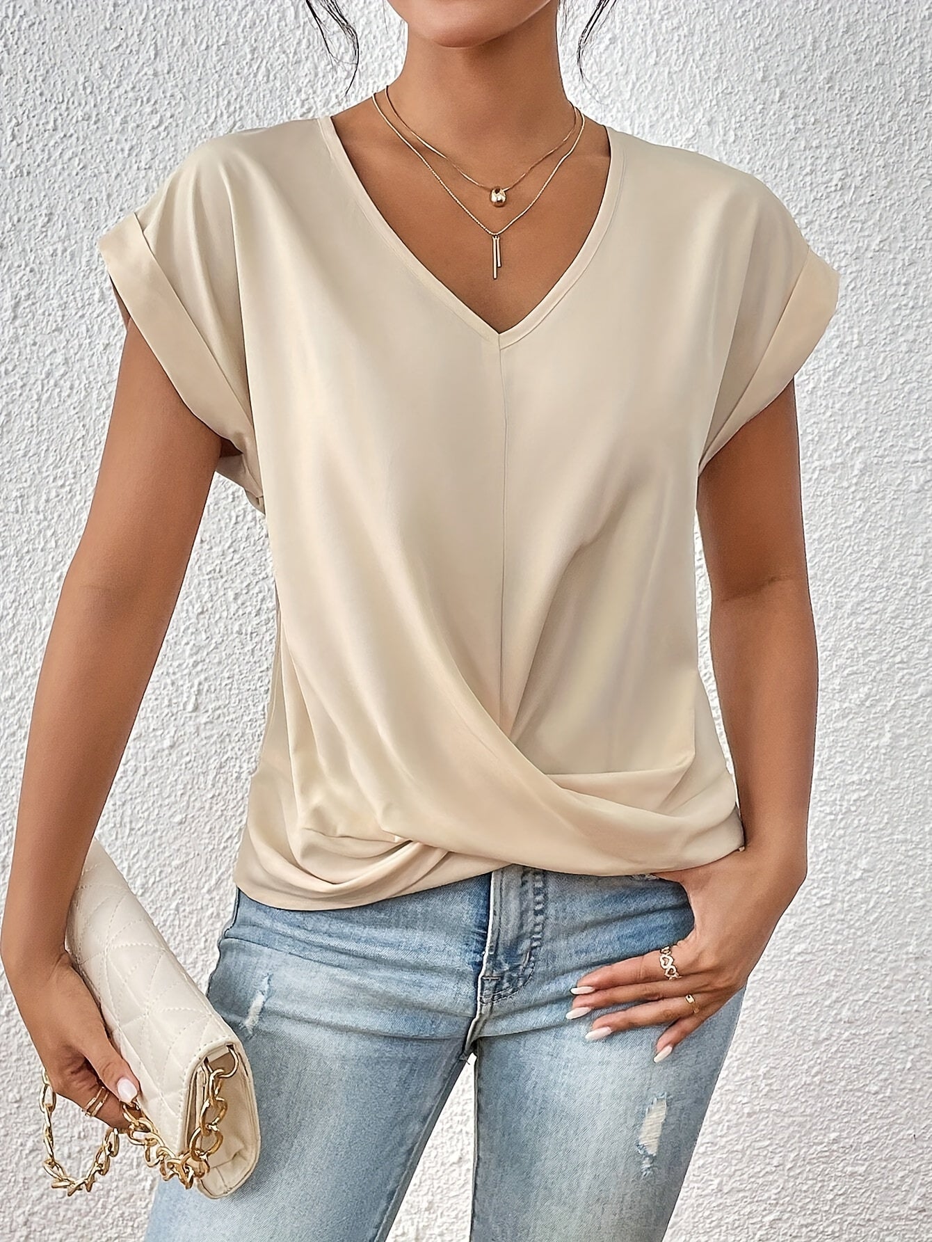 Women's Short-Sleeve Blouse with V-Neck and Crossed Pleat