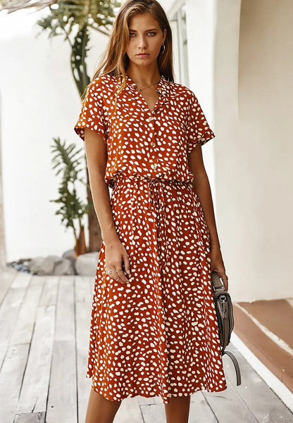 Women's Midi Dress Short Sleeves with V-Neck and Polka Dot Print