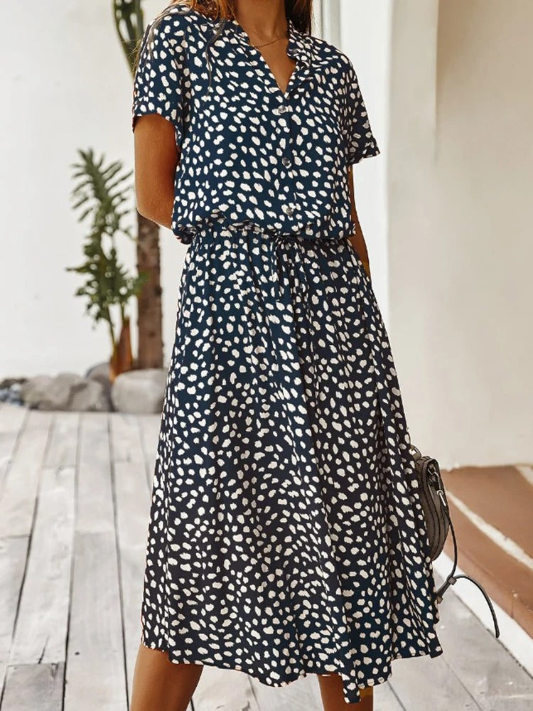 Women's Midi Dress Short Sleeves with V-Neck and Polka Dot Print