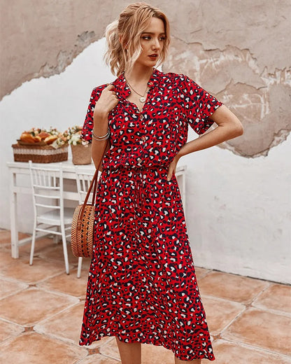 Women's Midi Dress Short Sleeves with V-Neck and Polka Dot Print