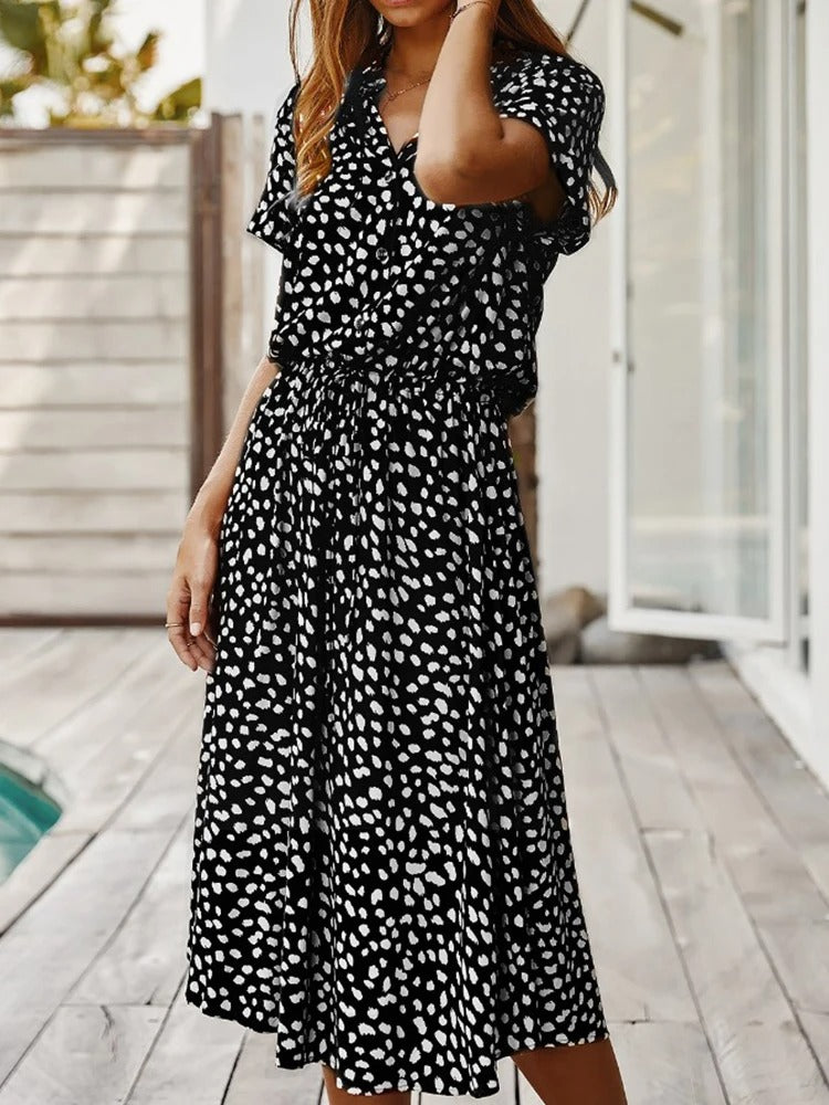 Women's Midi Dress Short Sleeves with V-Neck and Polka Dot Print