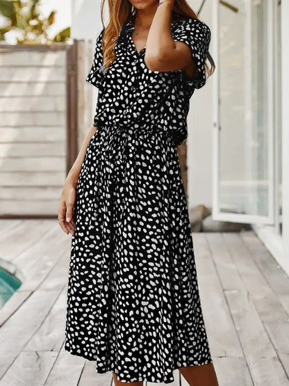 Women's Midi Dress Short Sleeves with V-Neck and Polka Dot Print