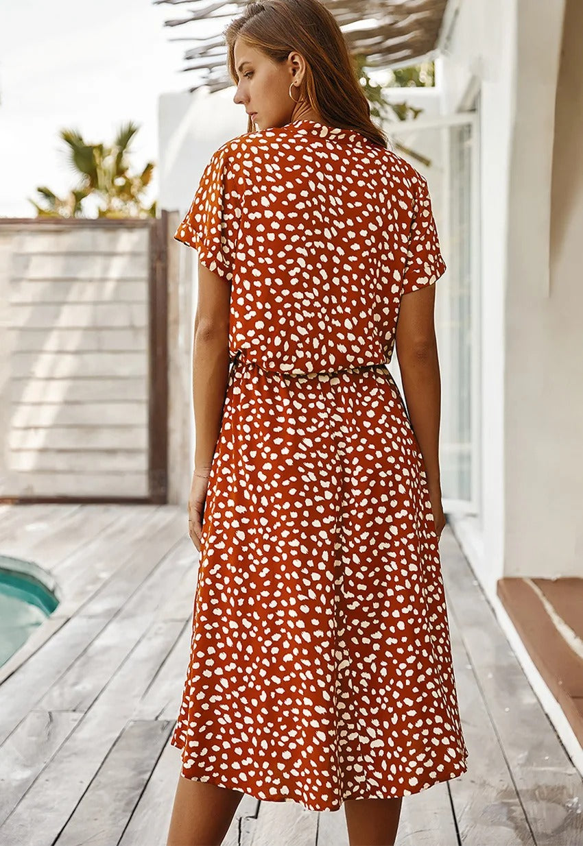 Women's Midi Dress Short Sleeves with V-Neck and Polka Dot Print