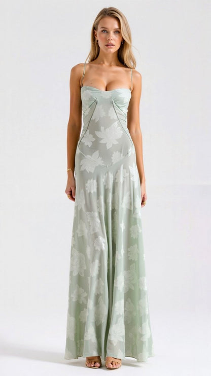 Floral long gala evening dress with spaghetti straps