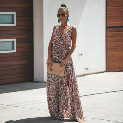 Ibiza Floral Sleeveless Maxi Dress with V-Neck for Women