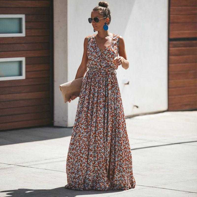 Ibiza Floral Sleeveless Maxi Dress with V-Neck for Women