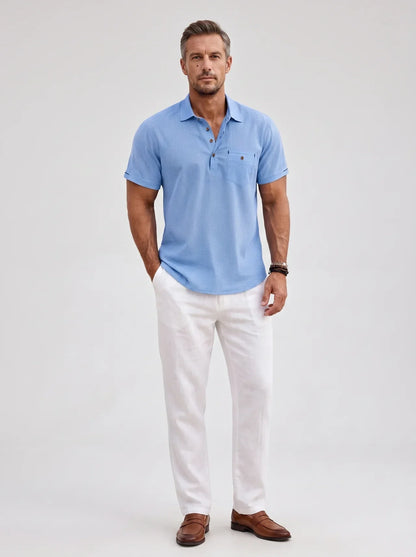 Linen Polo Shirt with Short Sleeves for Men