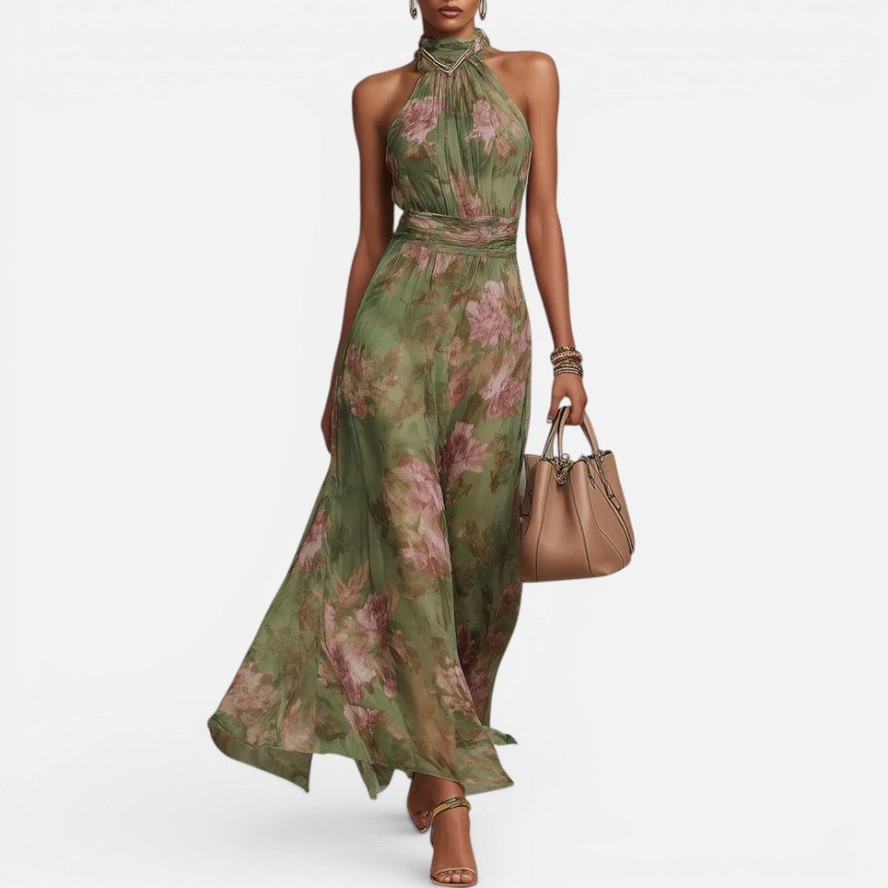 Women's maxi dress with floral pattern and halter neck
