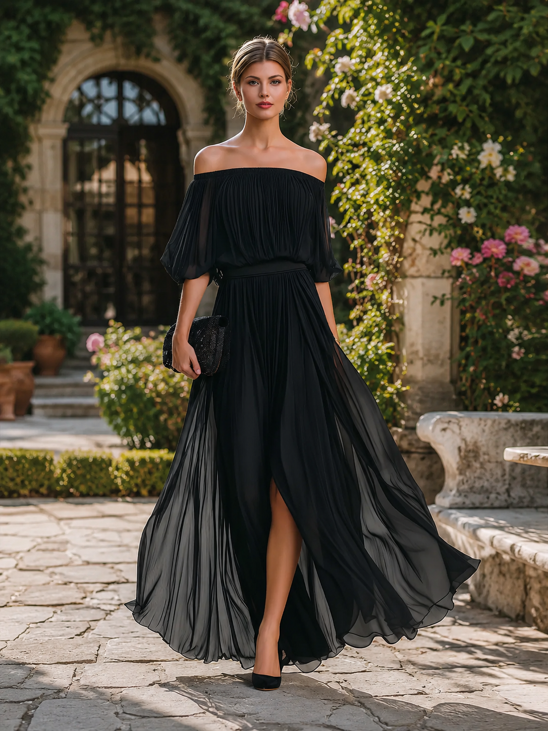 Elina | Women's Elegant Off Shoulder Formal Wedding Guest Maxi Dress with Pleated Skirt