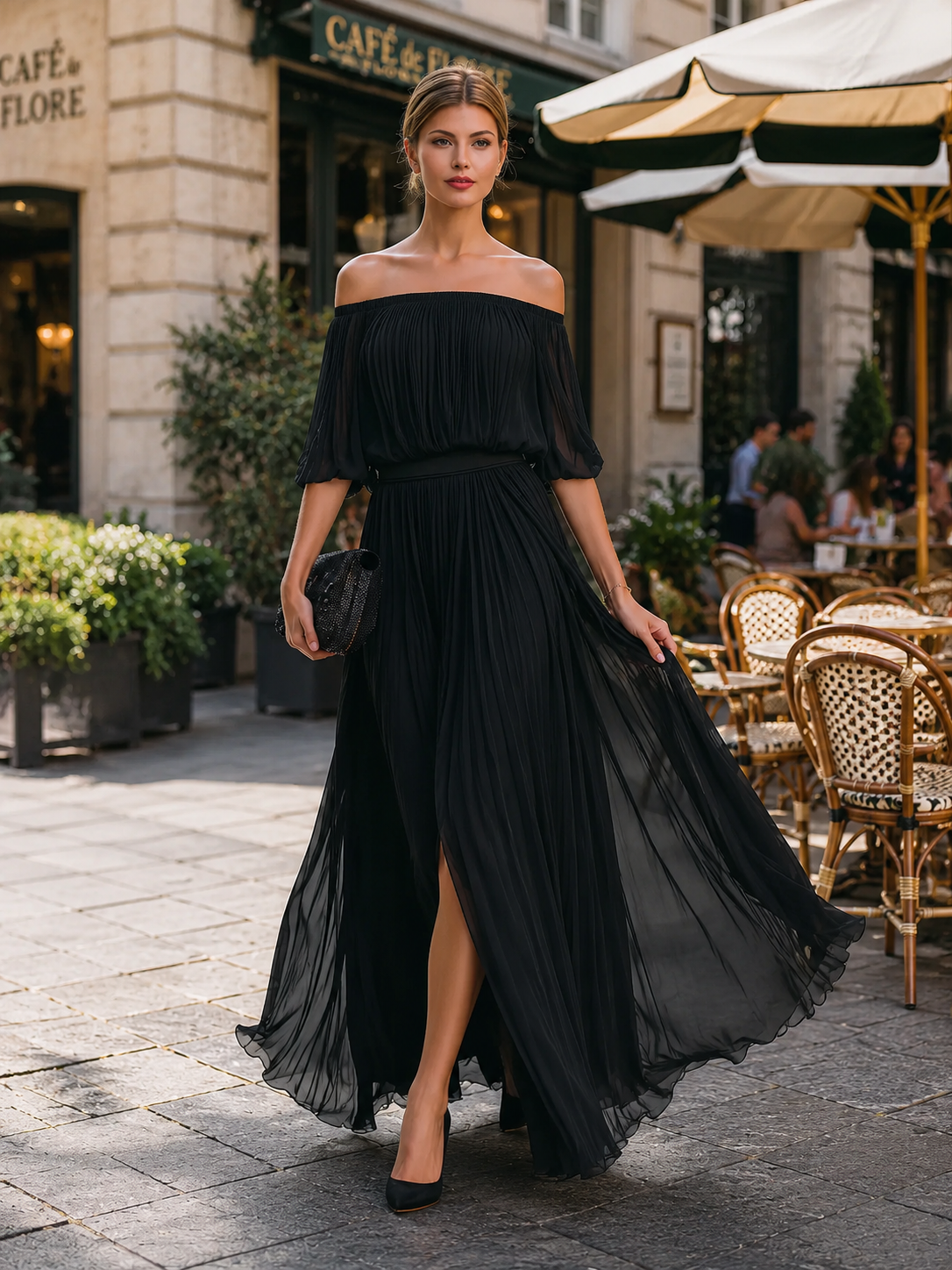 Celina | Women's Elegant Off Shoulder Formal Wedding Guest Maxi Dress with Pleated Skirt