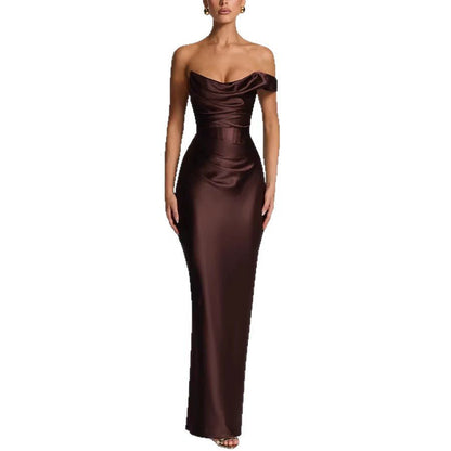 Elegant one-shoulder maxi dress for wedding guests
