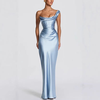 Elegant one-shoulder maxi dress for wedding guests
