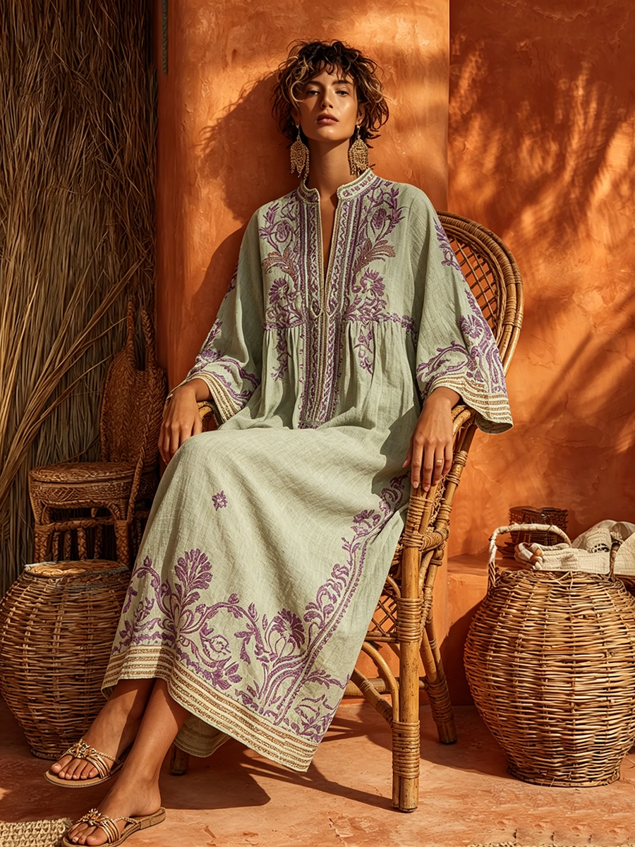 Celestina | Boho dress embroidered with Mediterranean charm for women