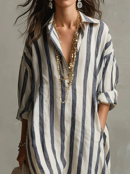 Robe Chemise Longue Femme à Rayures en Lin Mélangé Coupe Ample avec Poches