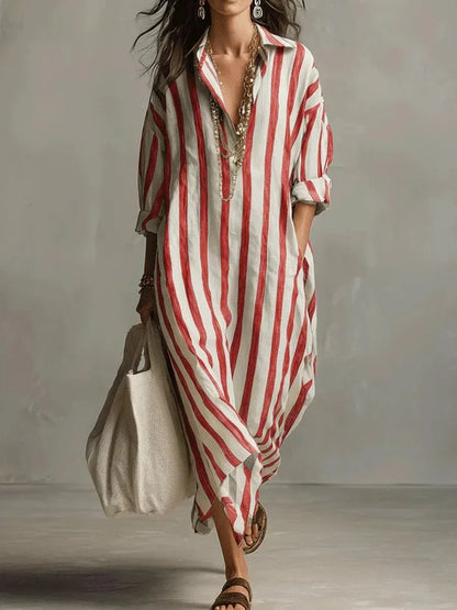 Robe Chemise Longue Femme à Rayures en Lin Mélangé Coupe Ample avec Poches