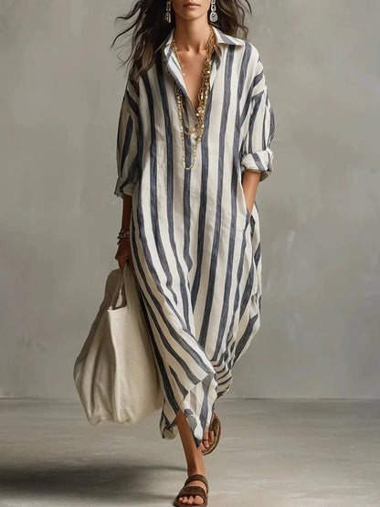 Robe Chemise Longue Femme à Rayures en Lin Mélangé Coupe Ample avec Poches