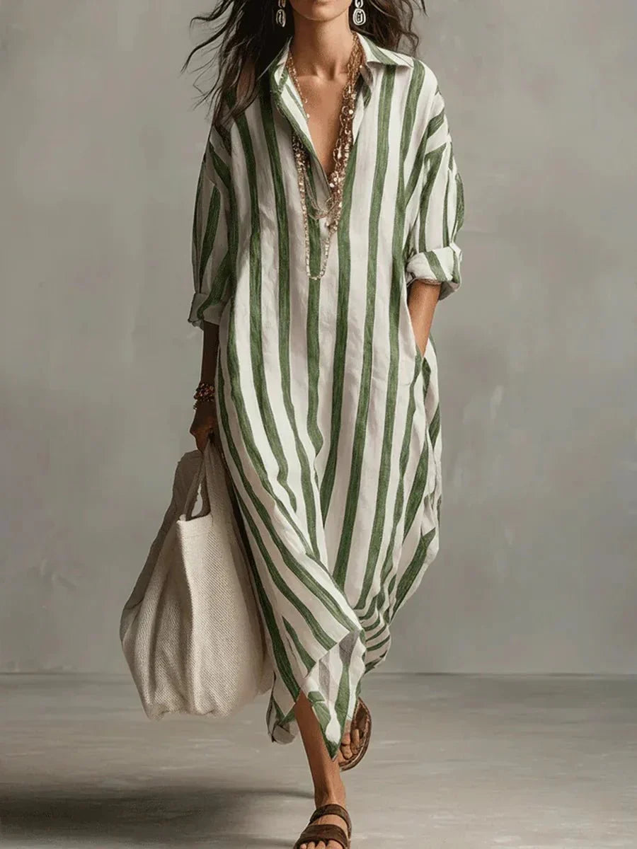 Robe Chemise Longue Femme à Rayures en Lin Mélangé Coupe Ample avec Poches