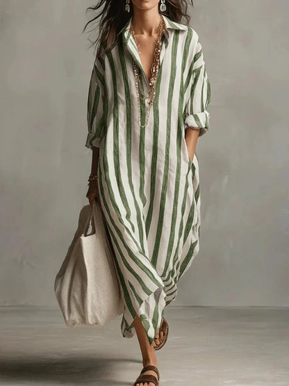 Robe Chemise Longue Femme à Rayures en Lin Mélangé Coupe Ample avec Poches