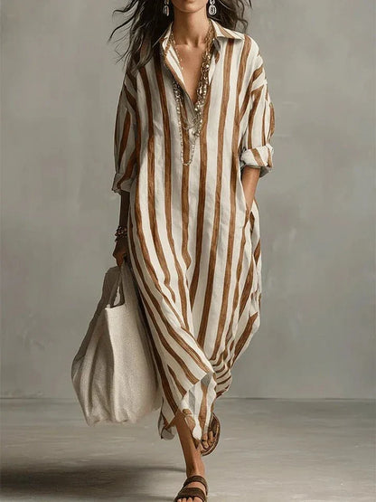 Robe Chemise Longue Femme à Rayures en Lin Mélangé Coupe Ample avec Poches