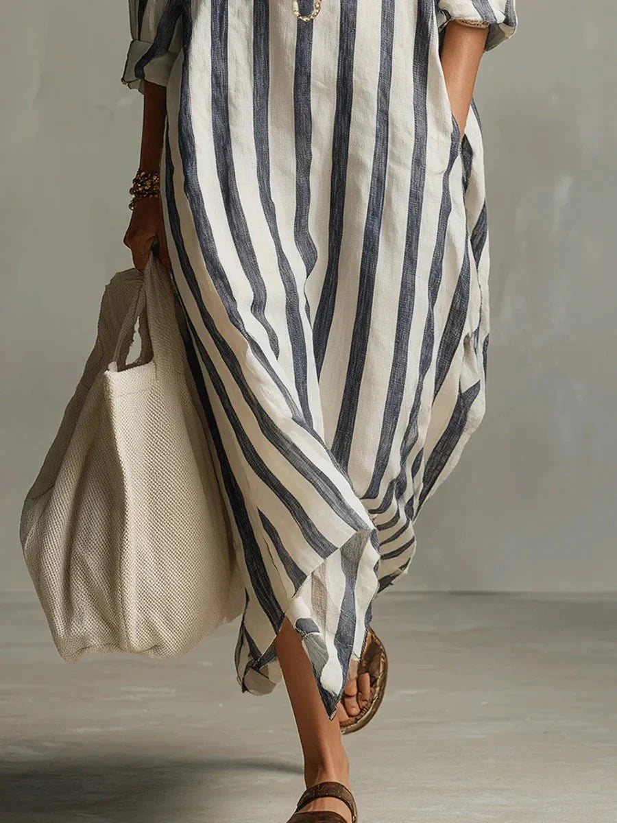 Robe Chemise Longue Femme à Rayures en Lin Mélangé Coupe Ample avec Poches