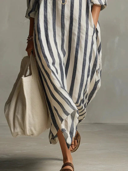 Robe Chemise Longue Femme à Rayures en Lin Mélangé Coupe Ample avec Poches