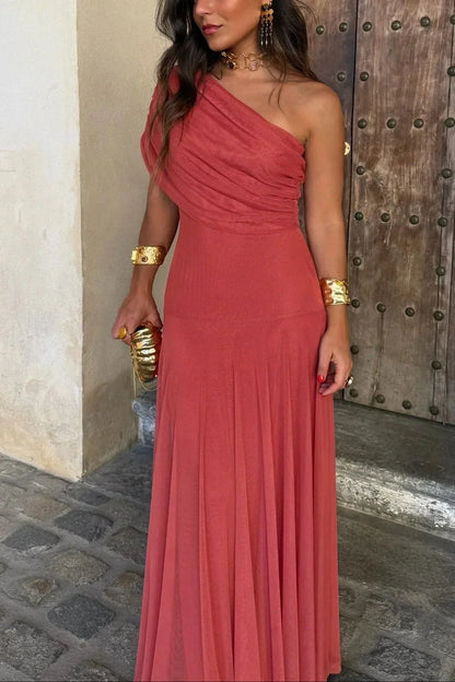 Wedding Guest Pleated One-Shoulder Maxi Dress for Women
