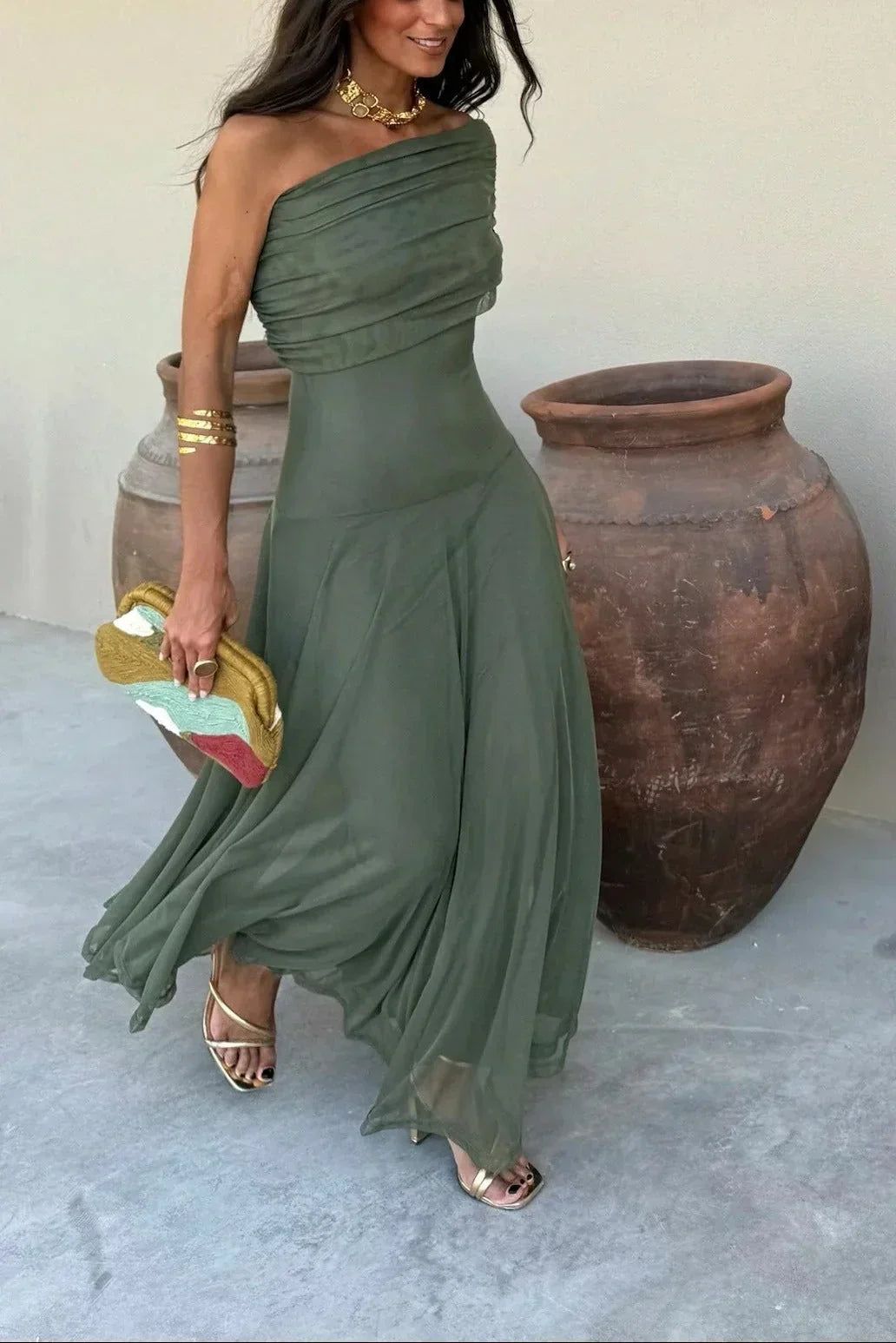 Wedding Guest Pleated One-Shoulder Maxi Dress for Women