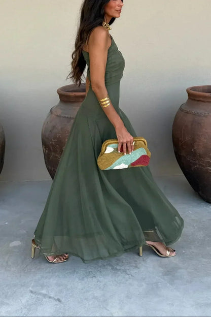 Wedding Guest Pleated One-Shoulder Maxi Dress for Women