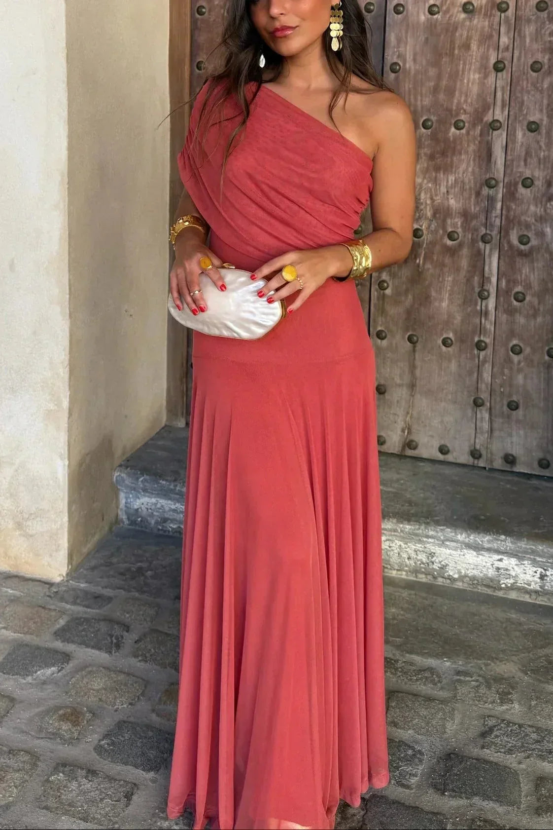 Wedding Guest Pleated One-Shoulder Maxi Dress for Women