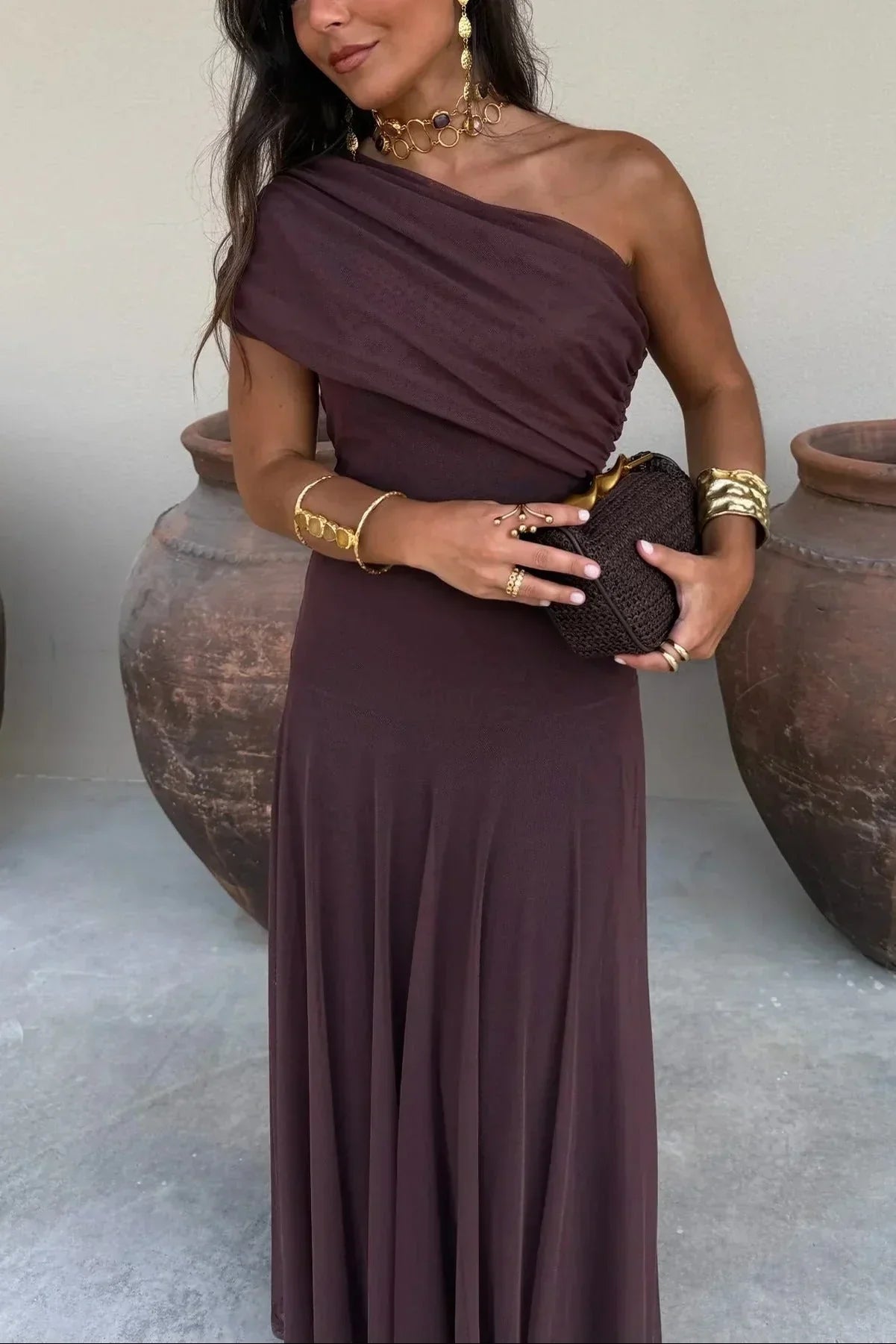 Wedding Guest Pleated One-Shoulder Maxi Dress for Women