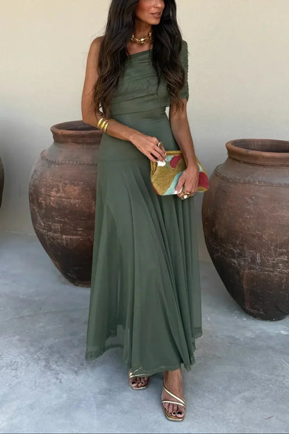 Wedding Guest Pleated One-Shoulder Maxi Dress for Women