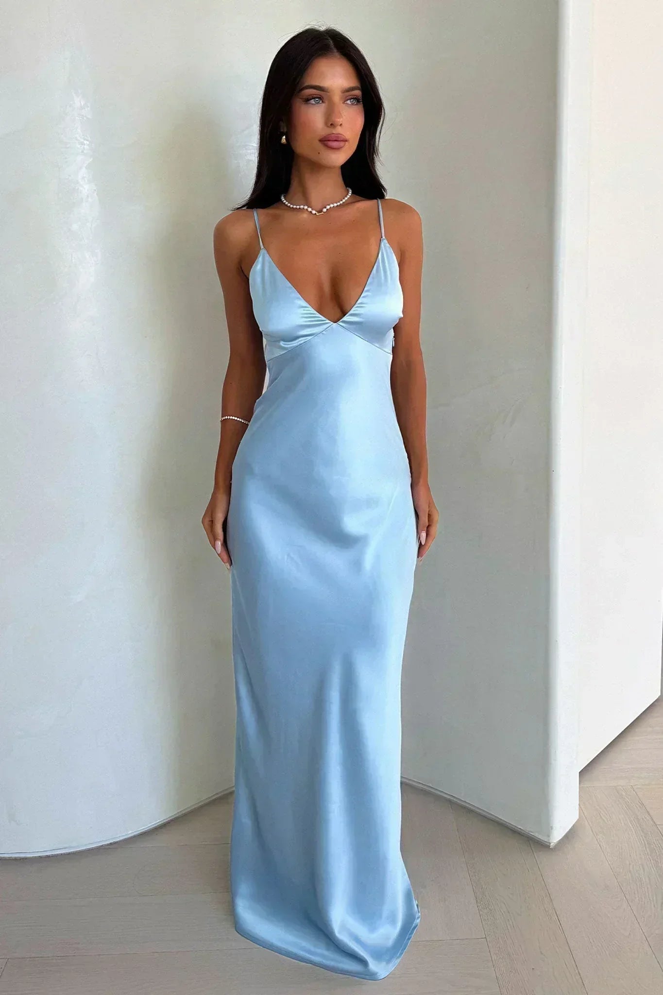 Satin Wedding Guest Maxi Dress with V-Neck for Women