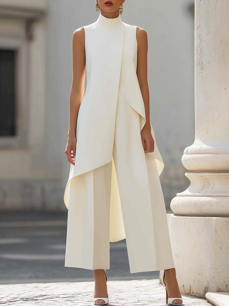 Sleeveless Wide-Leg Trouser Set with High Neck for Women