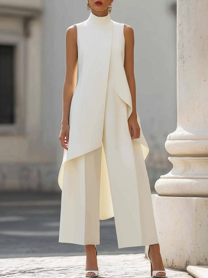 Sleeveless Wide-Leg Trouser Set with High Neck for Women