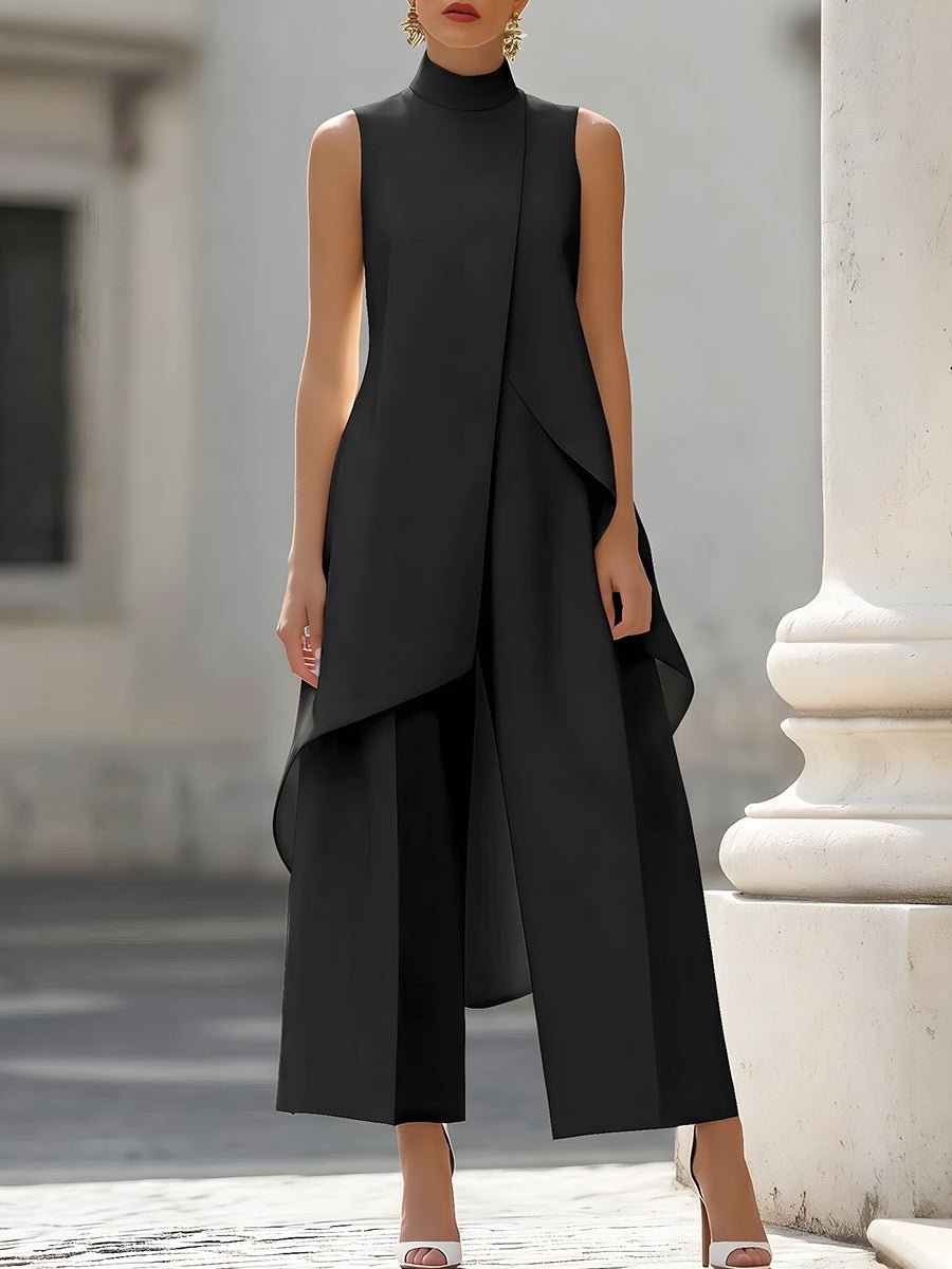 Sleeveless Wide-Leg Trouser Set with High Neck for Women