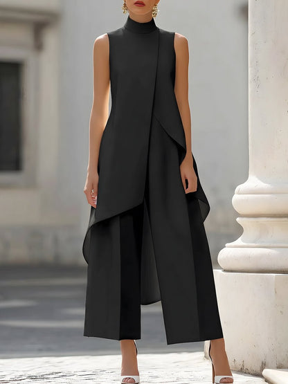 Sleeveless Wide-Leg Trouser Set with High Neck for Women