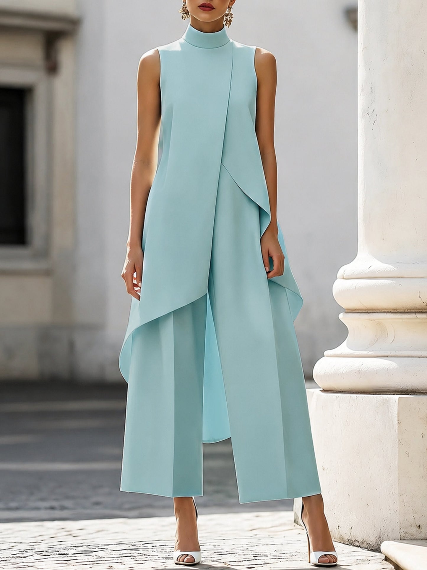 Sleeveless Wide-Leg Trouser Set with High Neck for Women