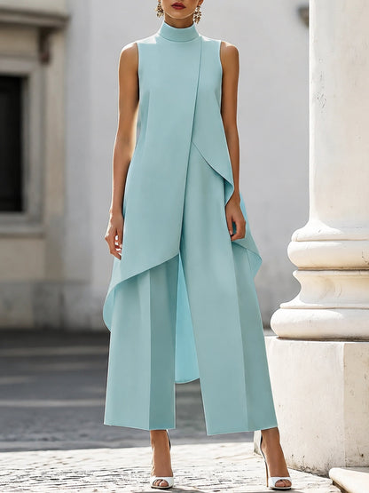 Sleeveless Wide-Leg Trouser Set with High Neck for Women