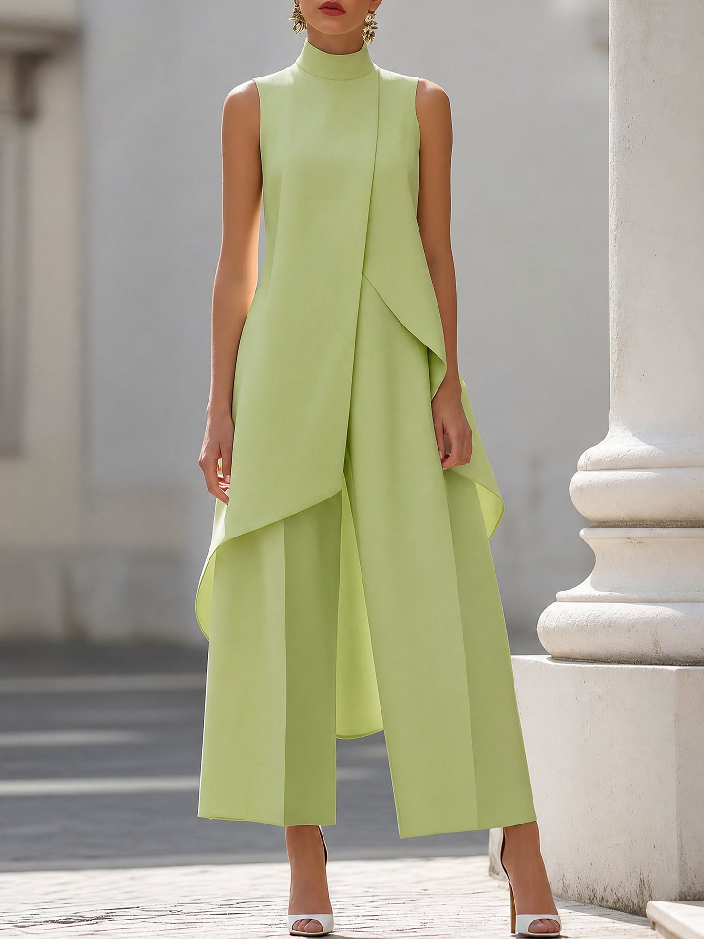 Sleeveless Wide-Leg Trouser Set with High Neck for Women