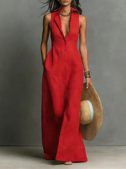 Linen Sleeveless Maxi Shirt Dress for Women