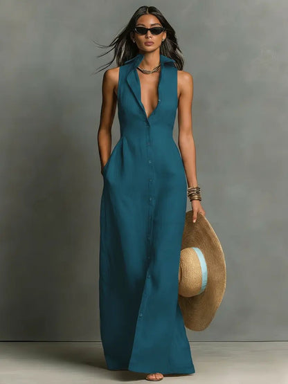Linen Sleeveless Maxi Shirt Dress for Women