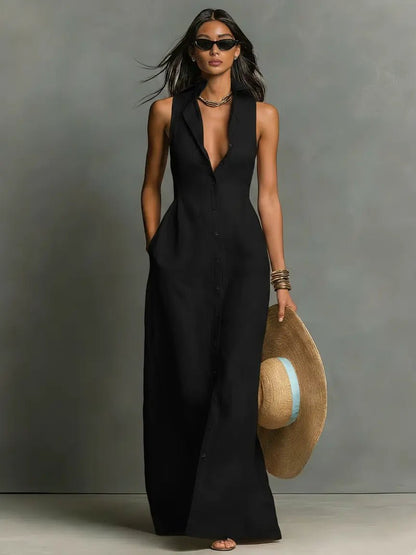 Linen Sleeveless Maxi Shirt Dress for Women
