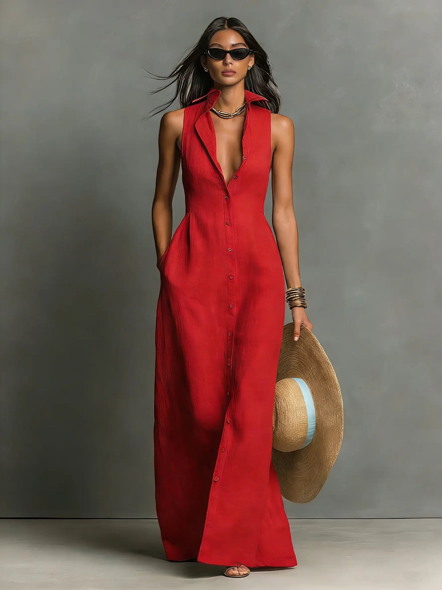 Linen Sleeveless Maxi Shirt Dress for Women