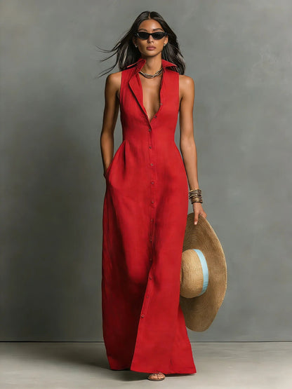 Linen Sleeveless Maxi Shirt Dress for Women