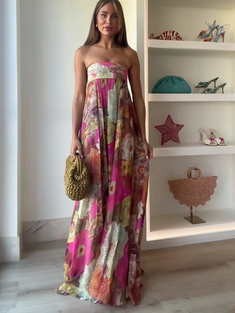 Floral Wedding Guest Strapless Maxi Dress for Women