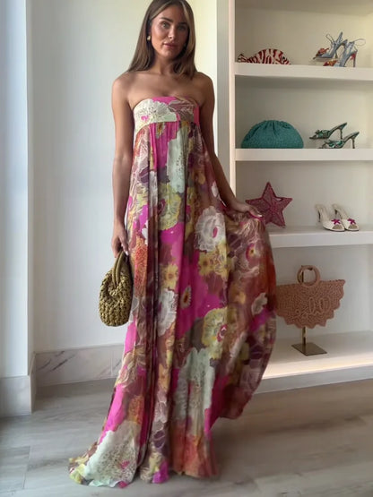 Floral Wedding Guest Strapless Maxi Dress for Women