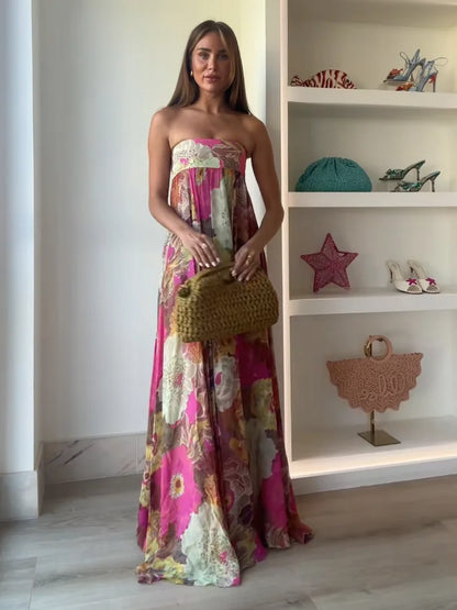 Floral Wedding Guest Strapless Maxi Dress for Women